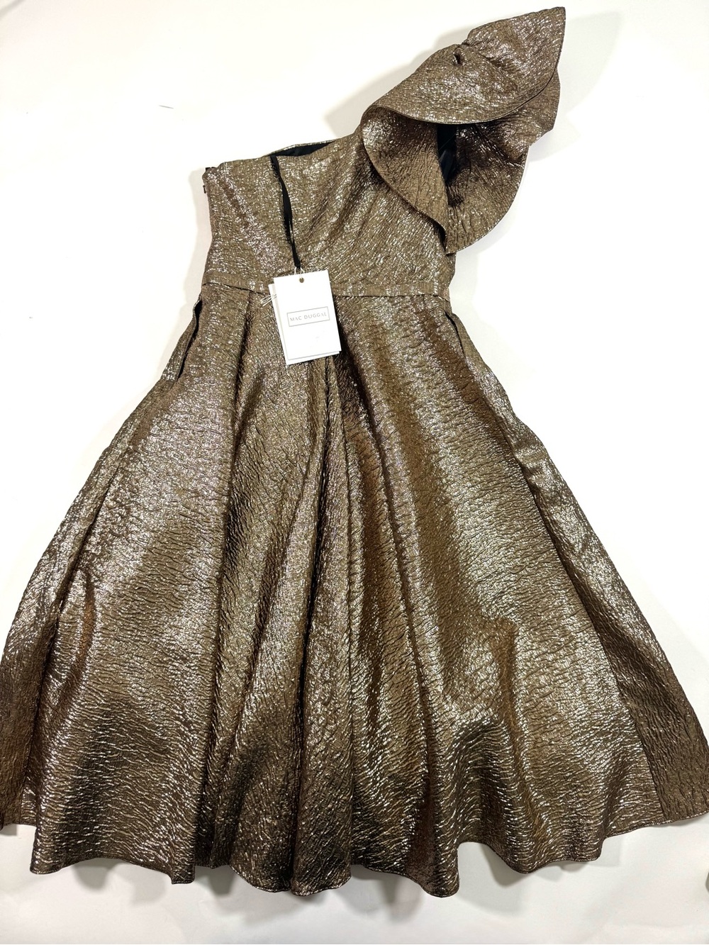 New Mac Duggal Gold One Shoulder Bow Midi Dress With Pockets - Picture 4 of 11